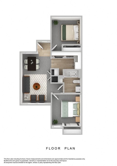 Floor plan for 2 beds, 1 bath, 765 sqft